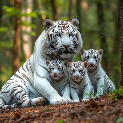 The primary subject of the image is a white tiger, which is laying down on the ground with three baby tigers around it. The setting is a forest, with trees visible in the background. The visual style of the image is a photo, capturing the beautiful moment of the mother tiger and her cubs. The colors and mood of the image are warm and serene, as the tigers are peacefully resting in their natural habitat.